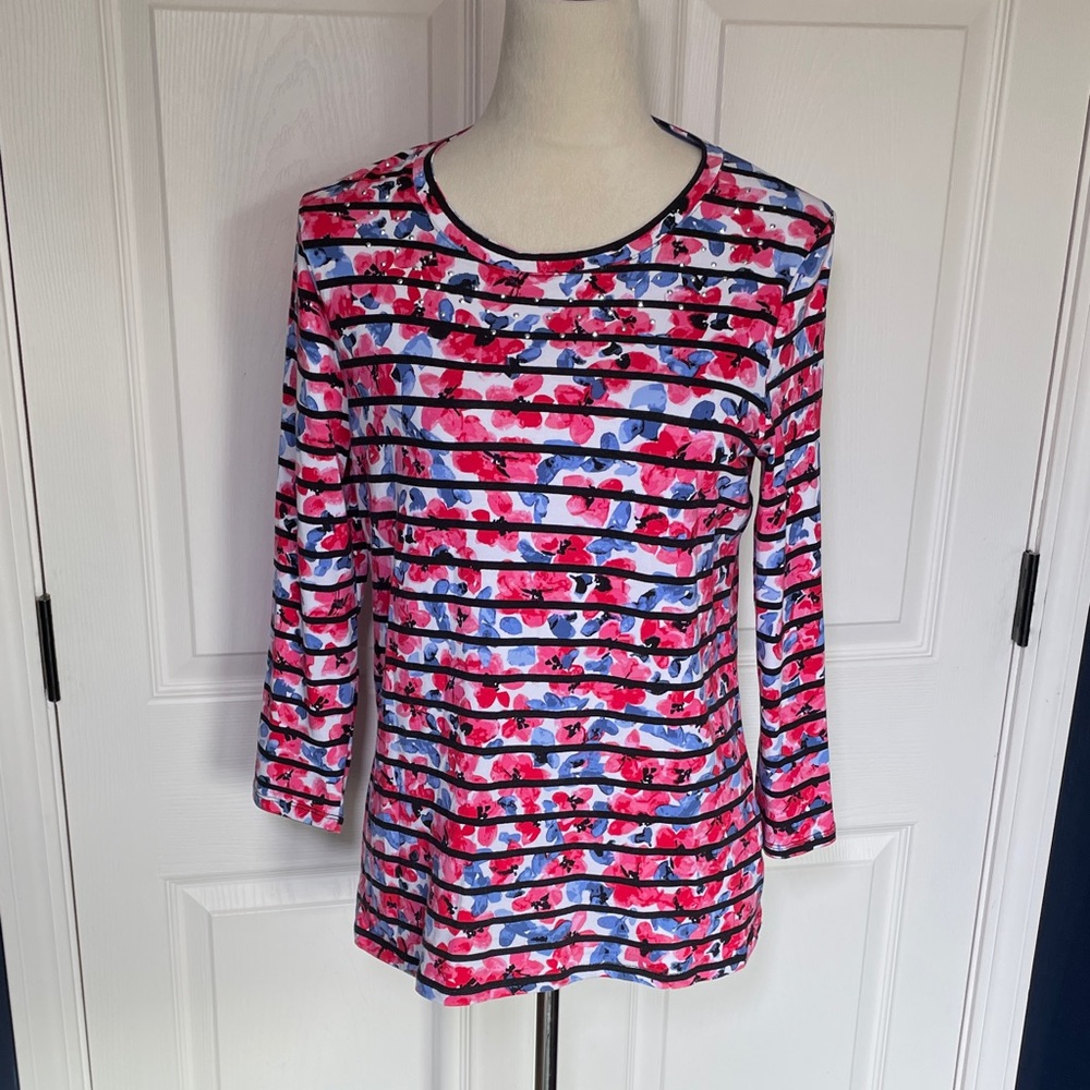 Rafaella Pink and Blue Floral Black Striped Blouse 3/4 Sleeves Size Medium